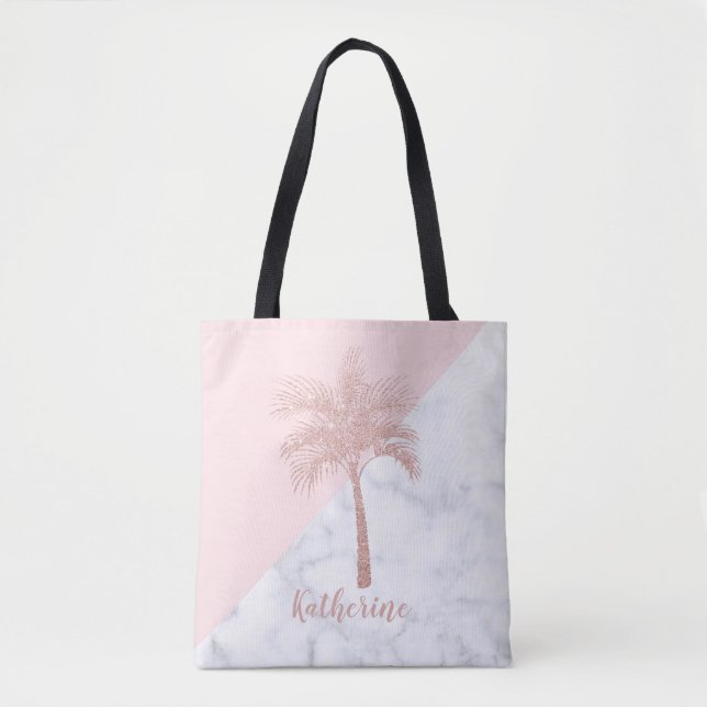 Eleganter girly RosengoldGlitterpalmen-Weißmarmor Tasche (Vorderseite)