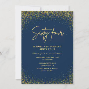Eleganter Glam Navy Gold Glitter 64. Geburtstag Einladung