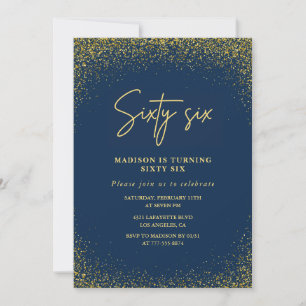 Eleganter Glam Navy Gold Glitter 66. Geburtstag Einladung
