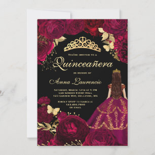 Eleganter Glam Schwarz Gold Burgunder Quinceanera Einladung