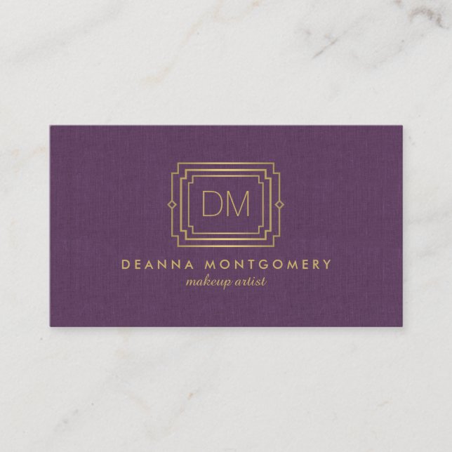 Eleganter Glamour Art Deco Monogramm Lila/Gold Visitenkarte (Vorderseite)
