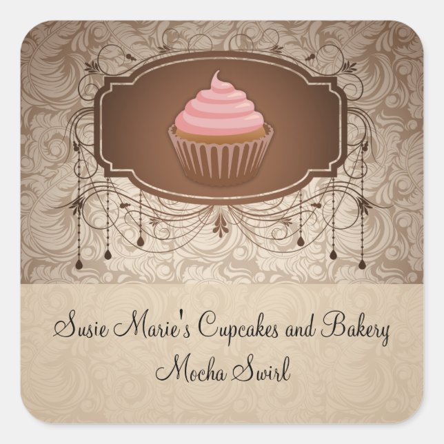 Eleganter Glamour Mocha Damask Cupcake Aufkleber (Vorderseite)