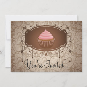 Eleganter Glamour Mocha Damask Cupcake Design Einladung