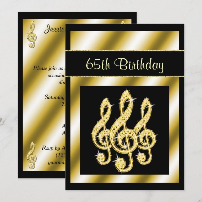 Eleganter, glamouröser Gold-Treble-Clefs 65. Gebur Einladung (Vorne/Hinten)