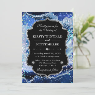 Eleganter Glitter Achat Blau & Silber Hochzeit Einladung