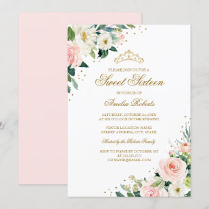 Eleganter Glitter-Blush-Gold-Blumen-Sweet-Sixteen Einladung