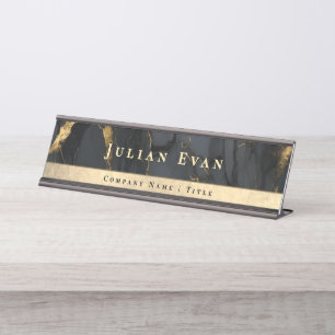 Eleganter Glitter Gold Luxus Schwarz Achat Marmor Schreibtischnamensplakette