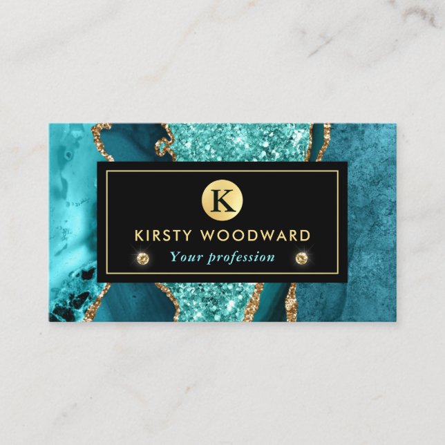 Eleganter Glitzer Agate Aquamarin und Gold Ocean Visitenkarte (Vorderseite)
