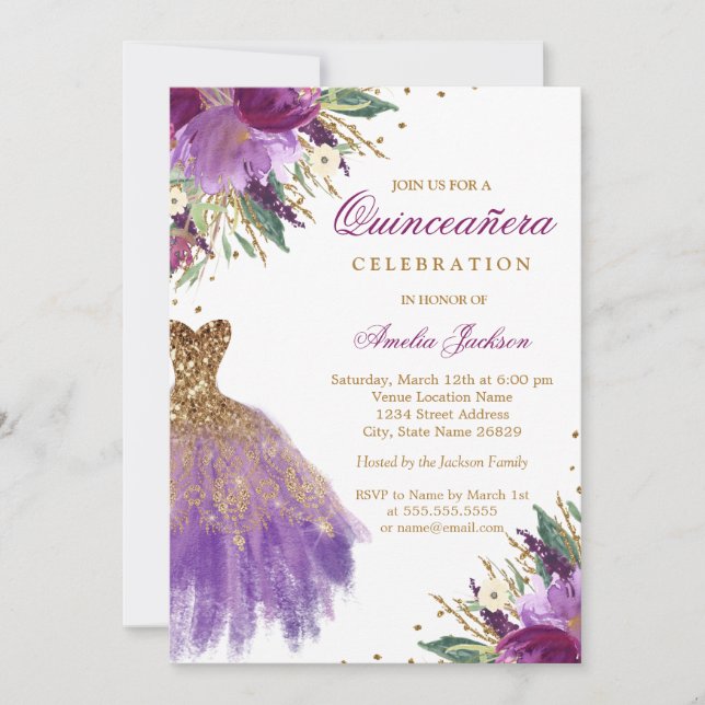 Eleganter Glitzer Amethyst Dress Quinceanera Einladung (Vorderseite)