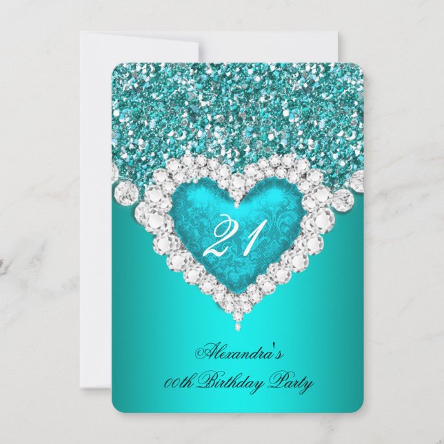 Eleganter Glitzer Aquamarin Blue Diamond Herz Gebu Einladung (Vorderseite)