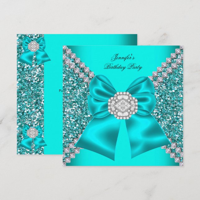 Eleganter Glitzer Aquamarin Blue Diamonds Geburtst Einladung (Vorne/Hinten)