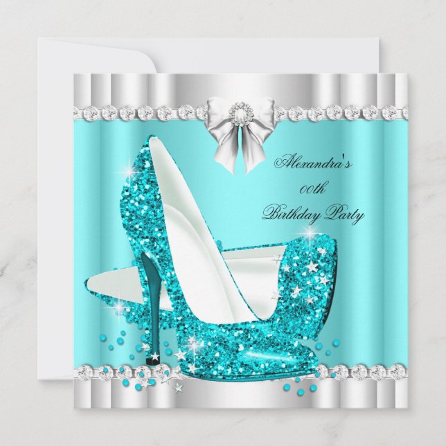 Eleganter Glitzer Aquamarin Blue Glamour Hi Heelse Einladung (Vorderseite)