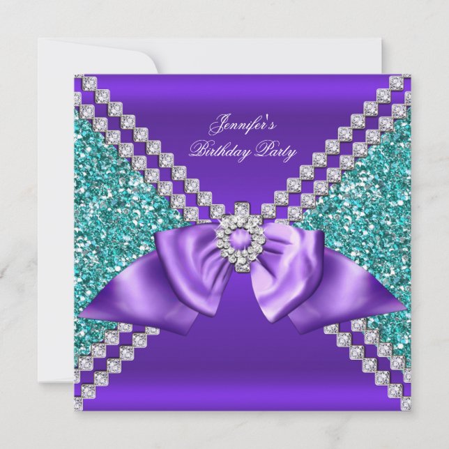 Eleganter Glitzer Aquamarin Blue Lila Diamond Gebu Einladung (Vorderseite)