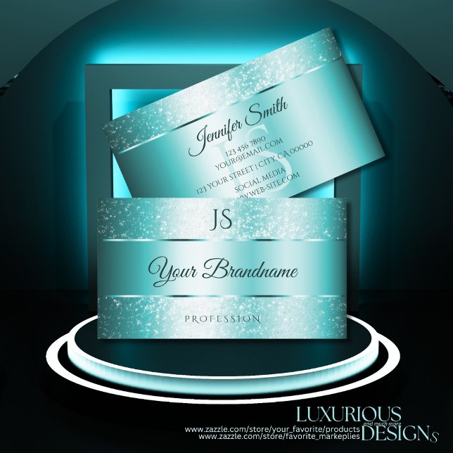 Eleganter Glitzer Aquamarin Gradient und Initials  Visitenkarte (Von Creator hochgeladen)