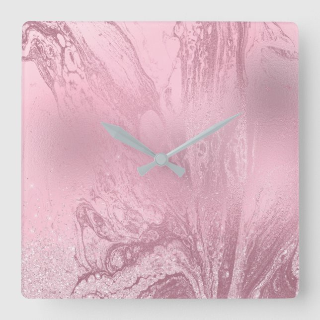 Eleganter Glitzer aus rosafarbenem Rosa Quadratische Wanduhr (Vorderseite)