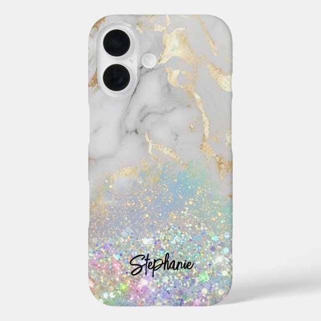 Eleganter Glitzer aus weißem Marmor einzigartig iPhone 16 Hülle (Rückseite)