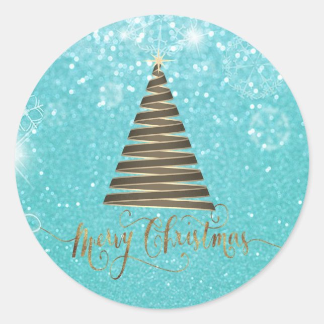 Eleganter Glitzer Blauer Christbaum Runder Aufkleber (Vorderseite)