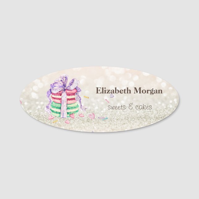 Eleganter Glitzer Bokeh Macarons Namensschild (Vorderseite)