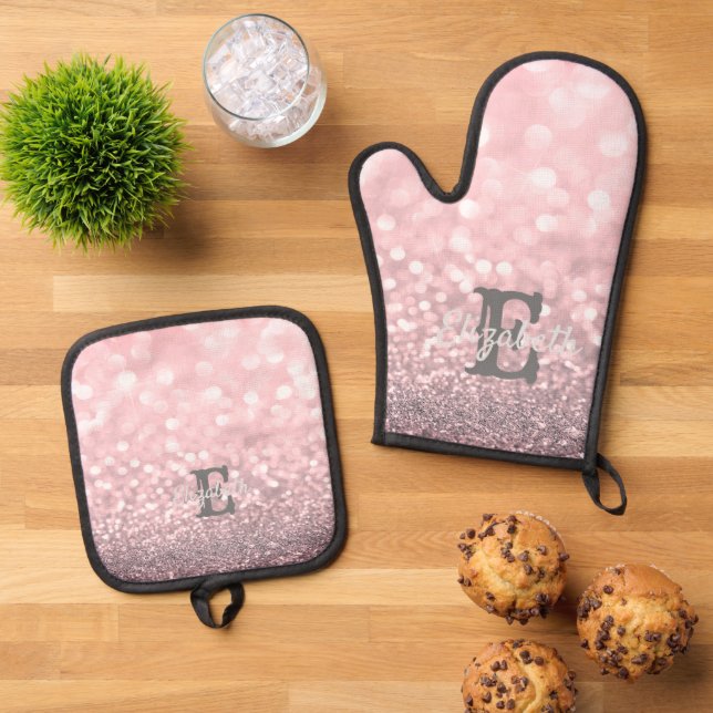 Eleganter Glitzer Bokeh Monogram Ofenhandschuh & Topflappen-Set (Oben Unten)