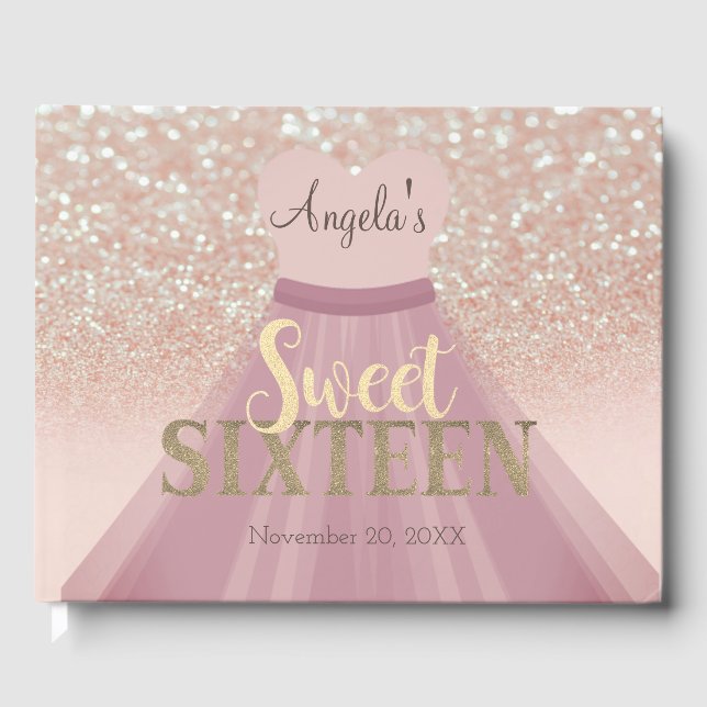 Eleganter Glitzer Bokeh Ombre, Dress, Sweet 16 Gästebuch (Vorderseite)