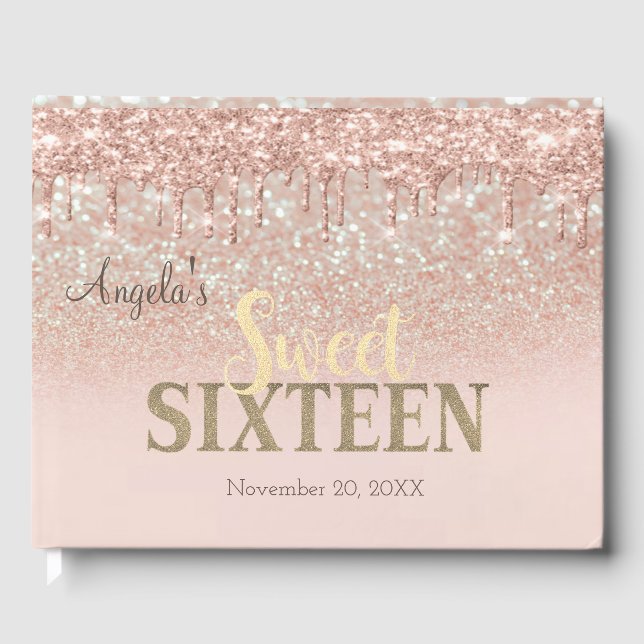 Eleganter Glitzer Bokeh Ombre, Drops Sweet 16 Gästebuch (Vorderseite)