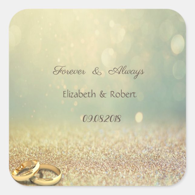 Eleganter Glitzer Bokeh, Rings Wedding Quadratischer Aufkleber (Vorderseite)