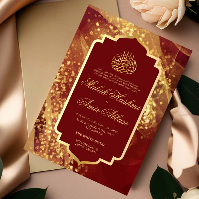 Eleganter Glitzer Burgund islamische Hochzeit Einladung (Von Creator hochgeladen)