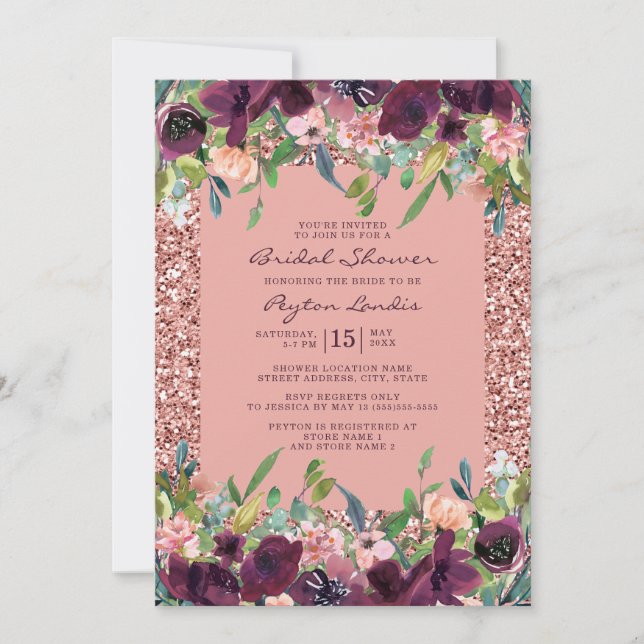 Eleganter Glitzer Burgundy Pink Floral Brautparty Einladung (Vorderseite)