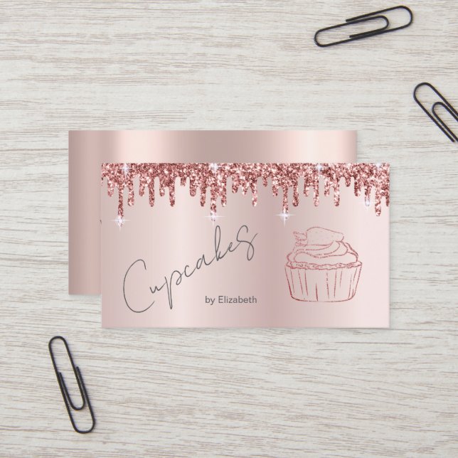 Eleganter Glitzer Cupcake Rose Gold Tropfen Visitenkarte (Vorderseite/Rückseite Beispiel)