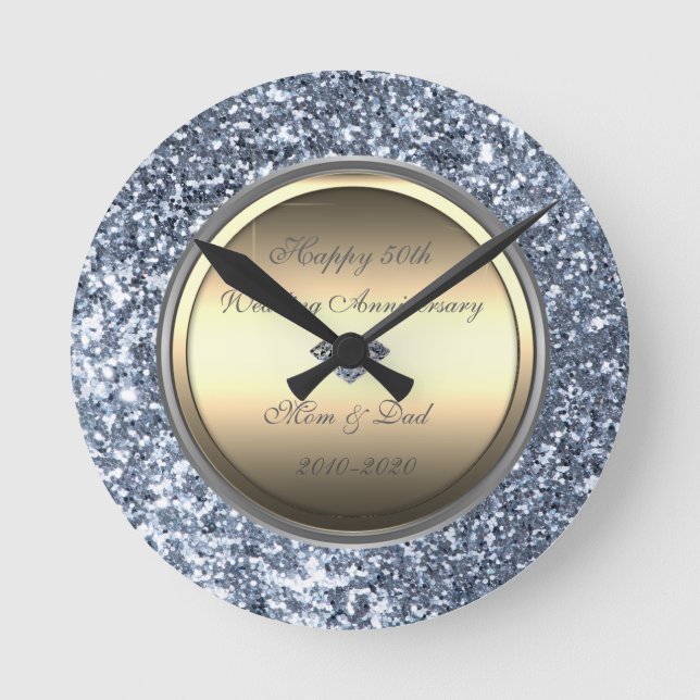 Eleganter Glitzer Diamond 50. Hochzeitstag Runde Wanduhr (Vorderseite)