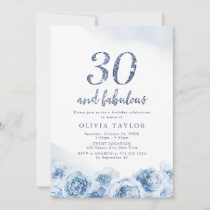 Eleganter Glitzer-Drehbuch Blau Blumen 30. Geburts Einladung