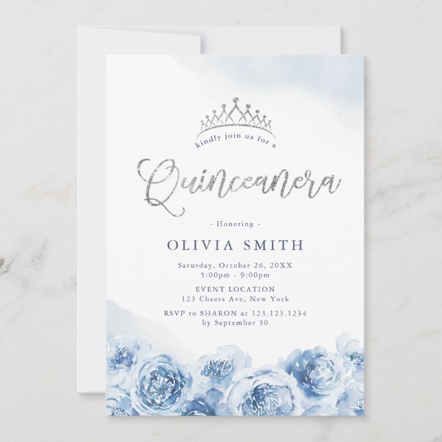 Eleganter Glitzer-Drehbuch Blau-Blumenkohl Quincea Einladung (Vorderseite)