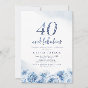 Eleganter Glitzer-Drehbuch blau floral 40. Geburts Einladung
