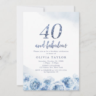 Eleganter Glitzer-Drehbuch blau floral 40. Geburts Einladung