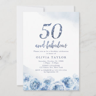 Eleganter Glitzer-Drehbuch blau floral 50. Geburts Einladung