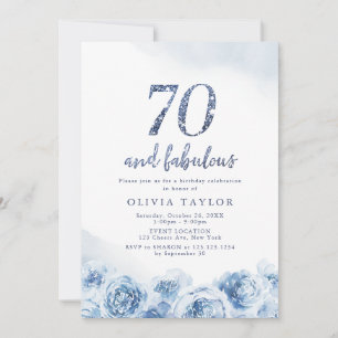 Eleganter Glitzer-Drehbuch blau floral 70. Geburts Einladung