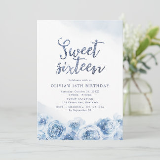 Eleganter Glitzer-Drehbuch Blau florale 16 . Gebur Einladung