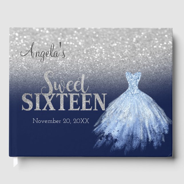 Eleganter Glitzer Dress Bokeh Blue Sweet 16 Gästebuch (Vorderseite)