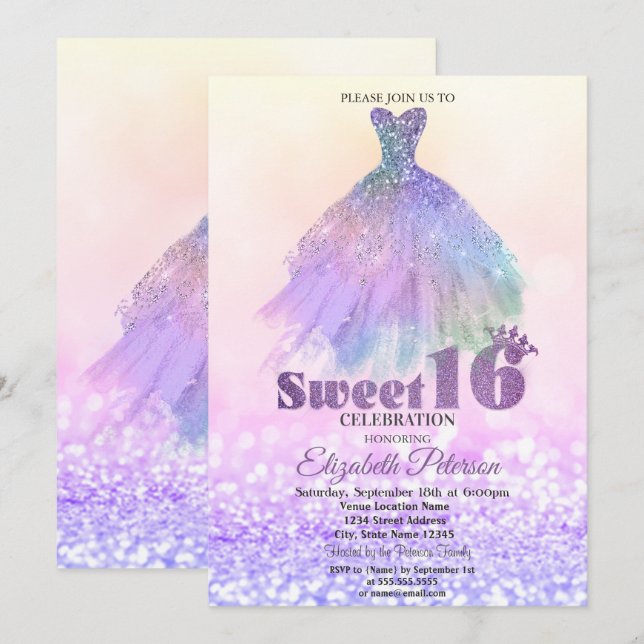 Eleganter Glitzer Dress Bokeh Sweet 16 Einladung (Vorne/Hinten)
