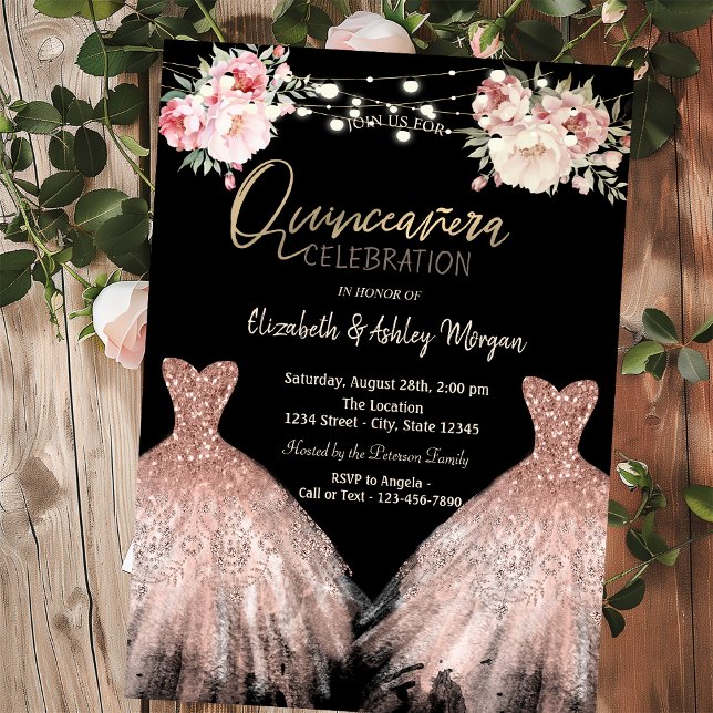 Eleganter Glitzer Dress Floral Black Quinceanera Einladung (Von Creator hochgeladen)