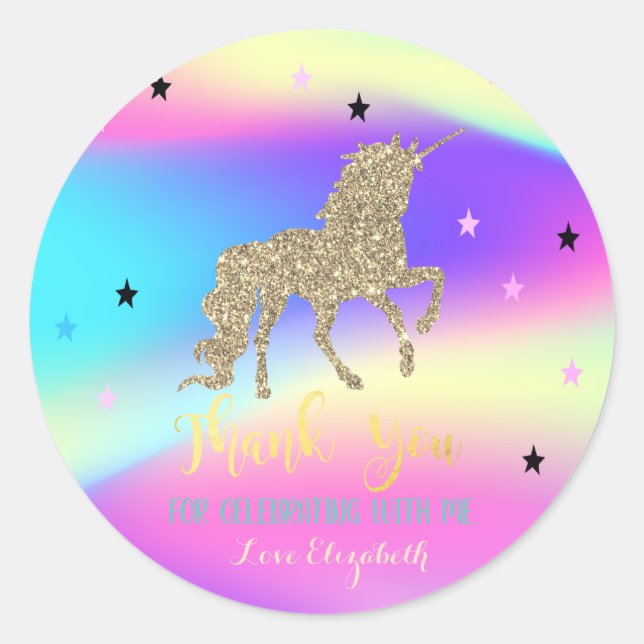Eleganter Glitzer Einhorn, Sterne, OmbrHolographis Runder Aufkleber (Vorderseite)
