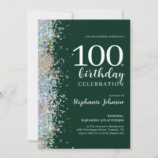 Eleganter Glitzer Emerald Green 100. Geburtstag Einladung