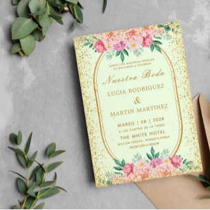 Eleganter Glitzer Floral Gold Grüne Nuestra Boda Einladung