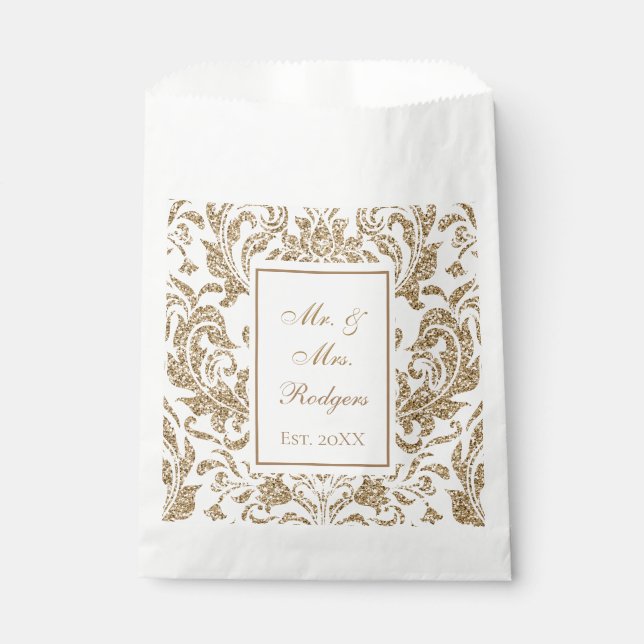 Eleganter Glitzer für Weiß- und Gold-Imitate Hochz Geschenktütchen (Vorderseite)