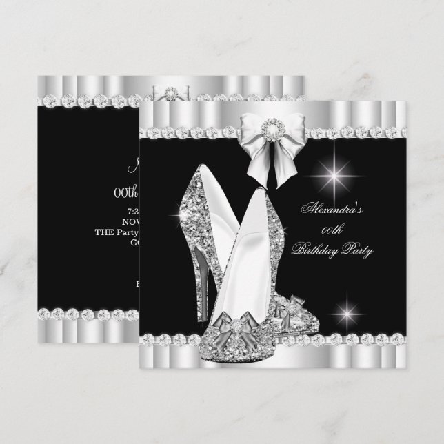 Eleganter Glitzer Glamour Hi Heelses Silver Black Einladung (Vorne/Hinten)
