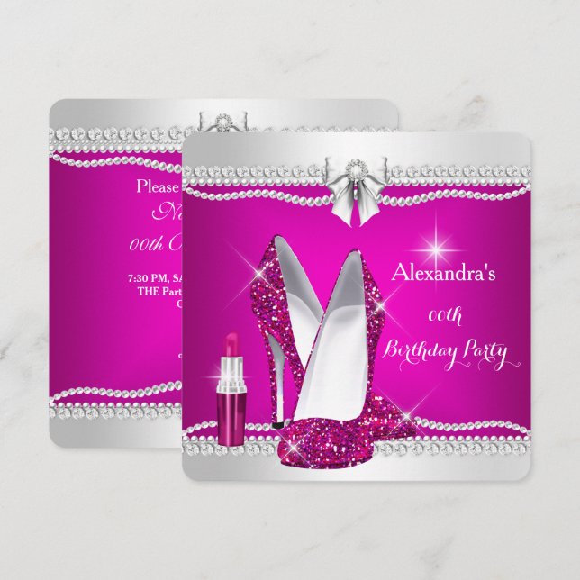 Eleganter Glitzer Glamour Rosa High Heels Lipstick Einladung (Vorne/Hinten)