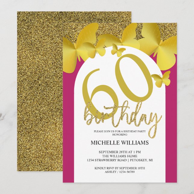Eleganter Glitzer Gold Butterfly Calligrafy Einladung (Vorne/Hinten)