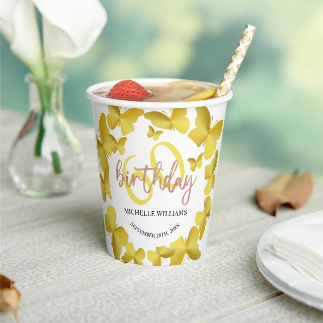 Eleganter Glitzer Gold Butterfly Calligrafy Pappbecher (In Situ)