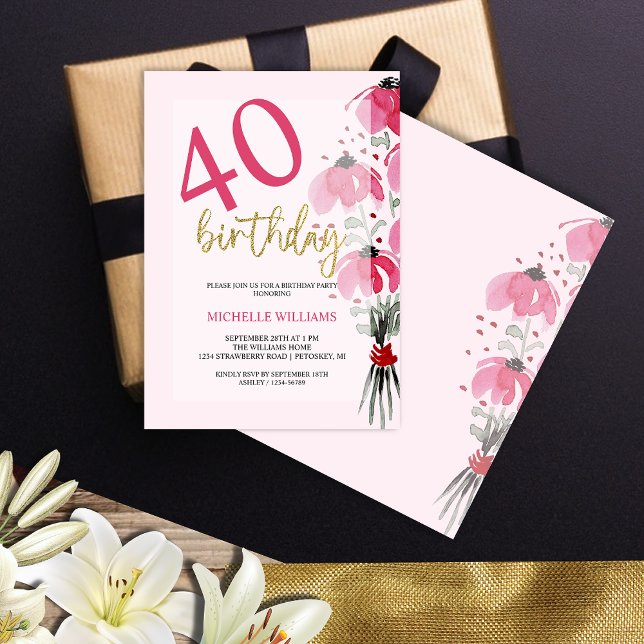 Eleganter Glitzer Gold Calligraphy Floral Geburtst Einladung (Von Creator hochgeladen)