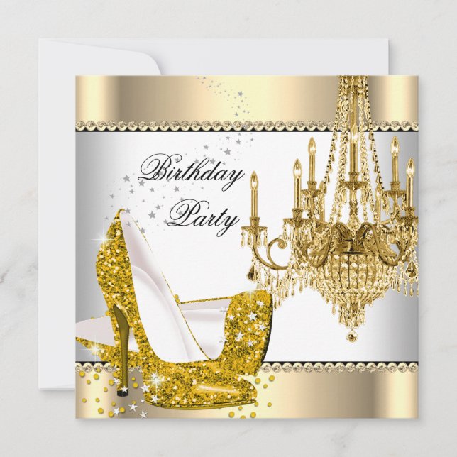 Eleganter Glitzer Gold Cream White Chandelier Part Einladung (Vorderseite)
